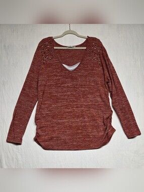 Extra Touch Rust Red Marled V-Neck Long Sleeve Top with Shoulder Studs
